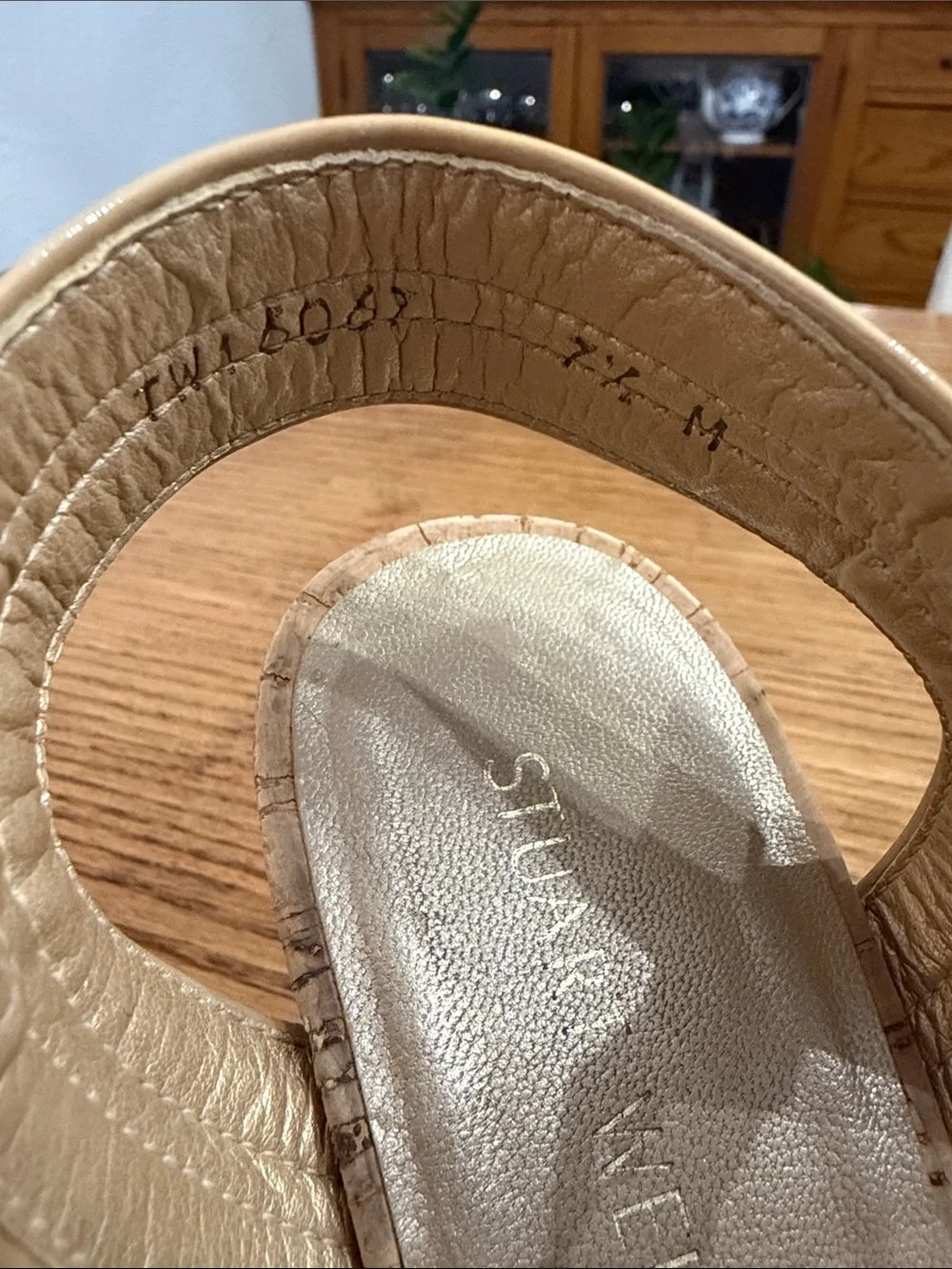 Stuart Weitzman Nude Patent Leather Cork Wedge Sandals - Picture 6 of 6
